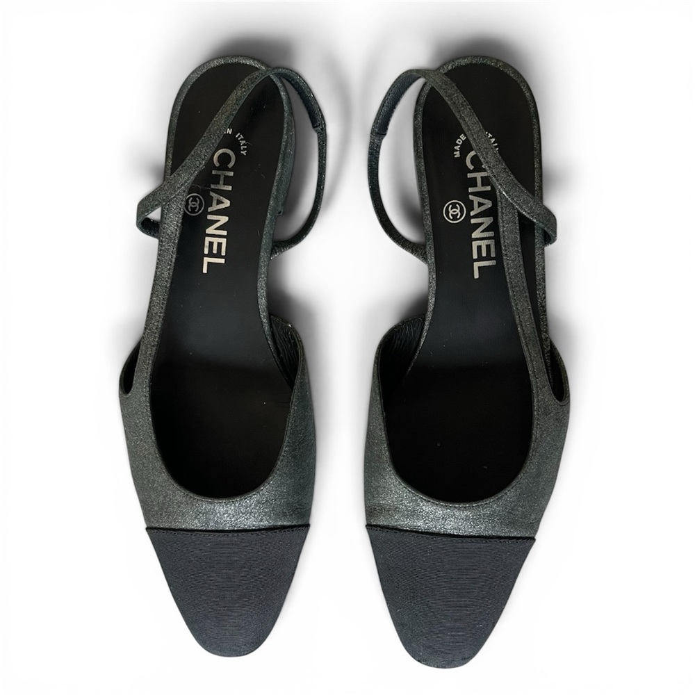 CHANEL Metallic Gray/ Silver Suede and Black Grosgrain Slingback Flats Size 39.5